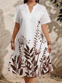EMERY ROSE Vestido de verano de talla grande para mujer con bordado de ojal y estampado floral patchwork - Marrón - Ver 5