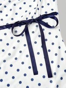 SHEIN MOD Bow Tie Ruched Mesh Polka Dot Dress - Navy Blue - View 4