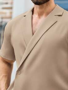 Manfinity VCAY 2件套男士休闲宽松落肩斜门襟短袖衬衫套装 - 米色 - 查看 6