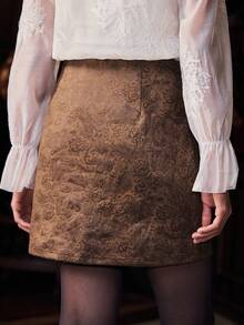 Franclia Women's High-Quality Luxurious Romantic Suede-Like Fabric Foil Cashew Flower Print Retro Design Elegant Commuter Versatile A-Line Skirt - Brown - View 4