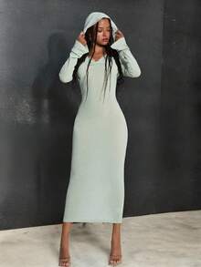 TypaGal 女士优雅通勤纯色连帽修身连衣裙 - 綠色 - 查看 3