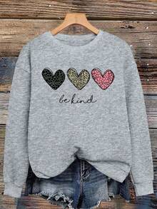 EMERY ROSE Love Leopard Print "Be Kind" Theme Print Casual Plus Size Sweatshirt Winter - Light Grey - View 1