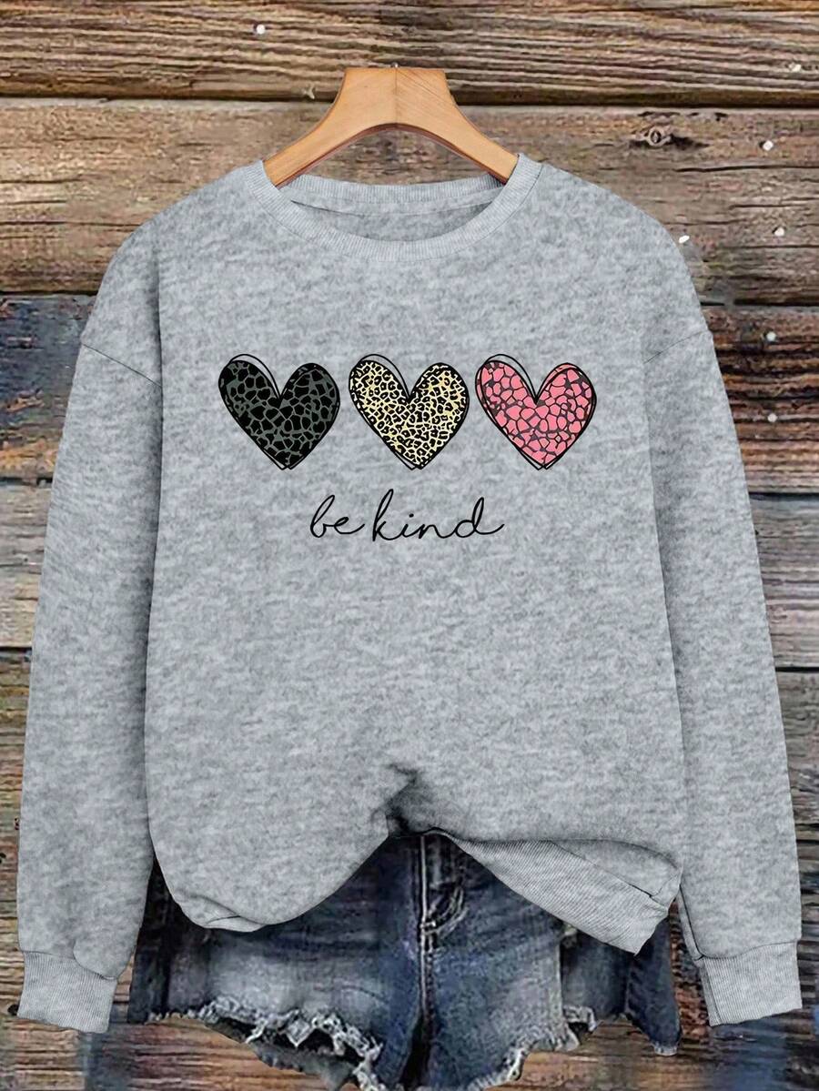 EMERY ROSE Love Leopard Print "Be Kind" Theme Print Casual Plus Size Sweatshirt Winter - Light Grey - View 1