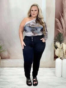 Hourglow Dollyholly86 Plus Size Casual Distressed High Waisted Slim Fit Jeans, For Hourglass Body Shape - Black - View 3