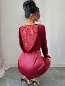 Modelyn 迷你酒红色露背撞色蕾丝连衣裙 - 酒紅色 - 查看 8
