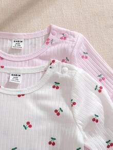 Souflis Souflis 2pcs/Set Vintage French Style Cherry Print Long Sleeve Bodysuit For Baby Girls, Suitable For Home, Outdoor And Multiple Occasions, Autumn/Winter - Multicolor - View 7