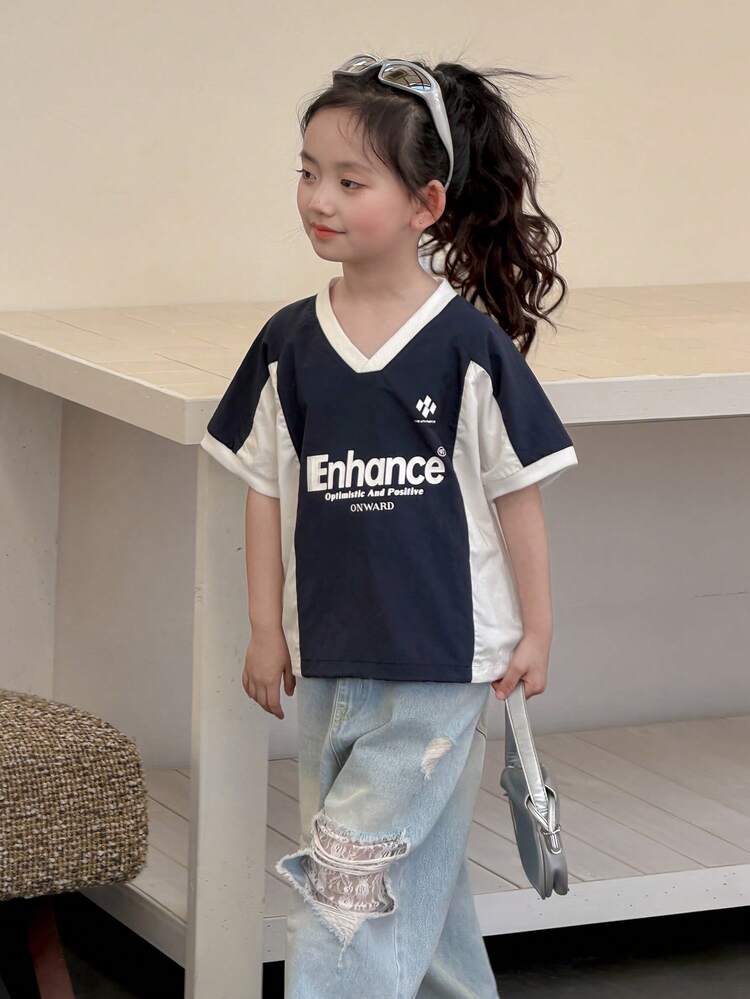 Young Girls V-Neck Contrast Color Short Sleeve Casual Street Shirt