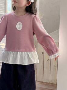 DAZY Sudadera casual de estilo coreano con cuello redondo y parches para niñas jóvenes, de manga larga - Rosa - Ver 8