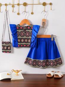 SHEIN 2pcs/Set Baby Girls' Blue Summer Outfit,Cute Middle Eastern Style Floral Print Top Ruffled Collar & Skirt With Shoulder Accessory,Boho Vacation Dress - Blue - View 3