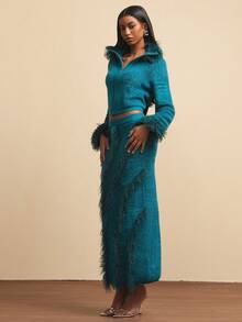 NYA SZN 配套套装（毛衣/半裙）上衣：长袖拉链流苏细节高领纹理印花蓝色半裙：高腰修身包臀及地罗纹针织长裙，秋冬女装