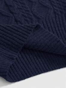 ROMWE Romantic Thick Knit Z-Pattern Deep Floral Gray Off Shoulder Lantern Sleeve Pullover Sweater - Navy Blue - View 6