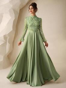 Coutiva Đầm xòe chữ A thanh lịch mùa thu đông, chất liệu satin đính sequin, cổ cao, tay dài, điểm xuyết ngọc trai và đá quý, thích hợp làm đầm dự tiệc cưới, tiệc sinh nhật, lễ tốt nghiệp, lễ hội âm nhạc, đầm dự tiệc. - màu xanh lá - Xem 6