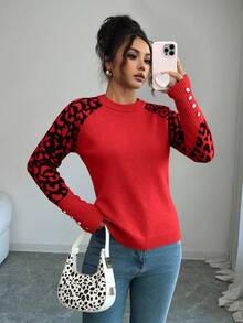 Elenzga Women's Fashionable Leopard Print Patchwork Pearl Button Raglan Sleeve Fitted Knit Sweater - Red - View 3