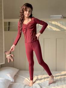 DAZY Girls Lace Patchwork Fitted Pajama Set - Burgundy - View 4