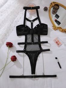 AltCore Women's Punk Ring Linked Harness Teddy Bodysuit With 1pair Leg Ring, Lingerie - Black - View 2