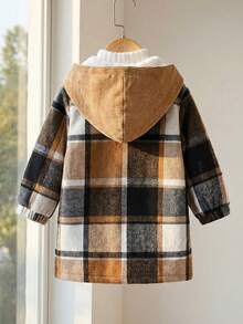SHEIN Baby Boy 0-3 Years Unisex Casual Loose Fit Plaid Long Sleeve Hooded Winter Coat, Suitable For Outdoor, Home, Leisure And Sports Wear, Autumn/Winter Baby Boy Fall Winter Baby Unisex For Fall Winter Coats Newborn Baby Boy Late Fall Boy - Brown - View 2