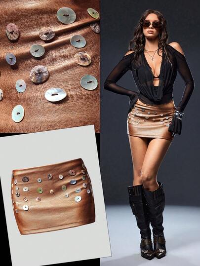 Retro Sexy Metal Gilded Effect Shell Embroidery Super Low Waist Mini Skirt