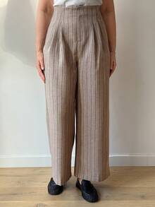Vivie Lora 女士条纹口袋休闲百搭通勤阔腿裤 - 杏色 - 查看 6