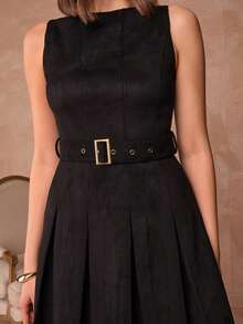 Enchnt Váy ngắn đơn giản, không tay, xếp ly, viền khóa, màu trơn, thoải mái khi đi làm hàng ngày dành cho nữ - màu đen - Xem 2