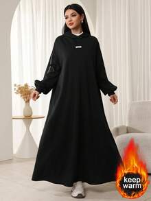 SHEIN Najma Women's Hooded 2 In 1 Ribbed Long Sleeve Flared Arabian Dress - Black - View 1