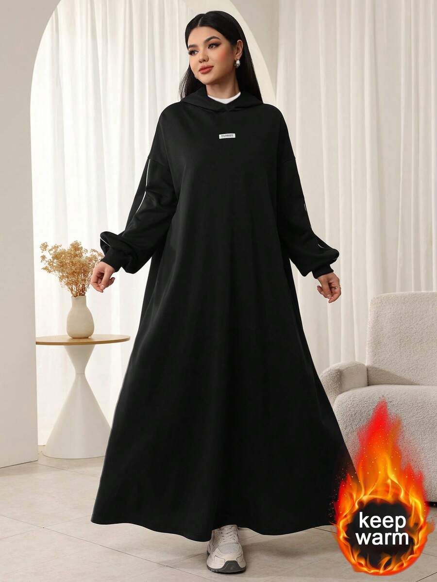 SHEIN Najma Women's Hooded 2 In 1 Ribbed Long Sleeve Flared Arabian Dress - Black - View 1