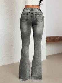 Jeanoix Wide Waistband Eyelet Flare Leg Low Rise Jeans