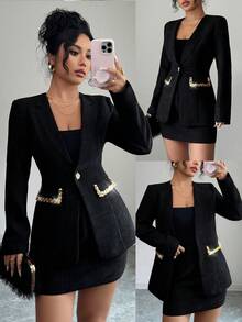 Elenzga 2025秋冬新款女士时尚优雅亮片装饰红色粗花呢套装两件套 - 黑色 - 查看 1