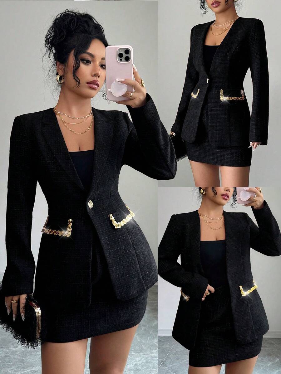 Elenzga 2025秋冬新款女士时尚优雅亮片装饰红色粗花呢套装两件套 - 黑色 - 查看 1