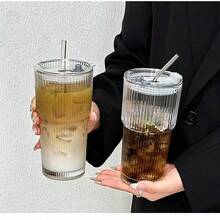 1个透明玻璃杯，带条纹图案杯盖和吸管，便携简约风格，可盛装水、茶或咖啡，ins风；圆形杯身，容量600毫升。另有吸管和吸管刷可选。开学季必备。 - 透明 - 查看 4
