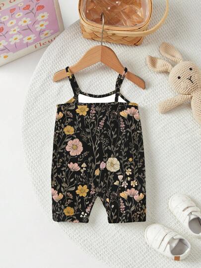 SHEIN LMoss Kids 可爱波西米亚碎花连体衣，适合女宝宝，休闲秋季穿搭，舒适易穿，适合女宝宝秋季叠穿，时尚女宝宝，休闲装，女宝宝图案服装，返校季，秋季服装，返校节，适合居家和叠穿