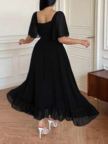 Vibekara Đầm chữ A tay bồng cổ chữ V dáng suông cỡ lớn, thanh lịch và thoải mái cho những buổi đi chơi. - màu đen - Xem 3