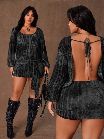 Rustia Plus Size Women's Snake Skin Print Flocked Mesh Dress, Comfortable Casual Sexy Party Dress For Autumn/Winter