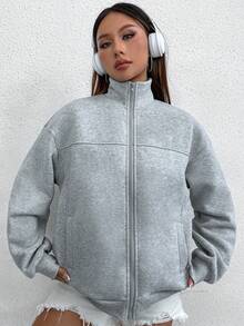 Flirla 纯色落肩拉链连帽衫，女士春秋季休闲口袋，拉链长袖领宽松常规灰色落肩拉链女式连帽衫，长袖上衣 - 灰色 - 查看 4