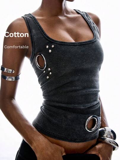 LYSMO 2025 New Arrive Minimalism Winter Women's Y2K Ruched Fitted Square Neck Camisole Black Tank Tops Women Buckle Top Black Sexy Tops Black Rave Top Black Rhinestone Top