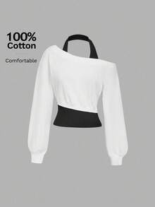 SHEIN MOD 女士灰色不对称肩部二合一运动衫秋冬女装 - 白色 - 查看 5