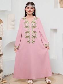 SHEIN 少女V领长袖宽松连衣裙，饰有贴花装饰 - 粉色 - 查看 6