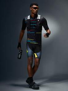 Manfinity Sport Polished Men's Colorful Striped Print Zipper Short Sleeve Cycling Jersey, Summer - Black - View 6