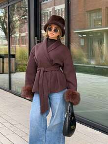Bethéva Abrigo de color café con puños de peluche a la moda, para otoño/invierno - Café integral - Ver 5