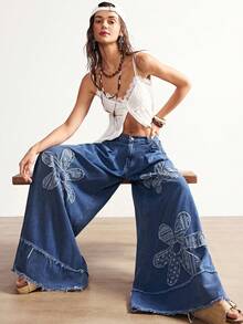 Bohemela 波西米亚风秋冬/春复古女式休闲宽松阔腿编织花卉拼接裤，西部乡村风格，适合音乐会派对、海滩度假、日常穿着、返校、外出、派对、新年等场合。 - 藍色 - 查看 2