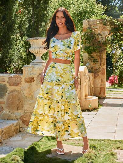 KARISMINA 女士度假休闲印花上衣和半裙两件套