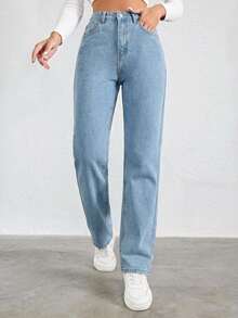 100%Cotton Slant Pocket Straight Leg Jeans - Baby Blue - View 4
