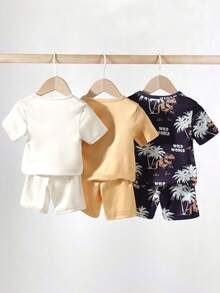 3pcs/Set Young BoyDinosaur Print Snug Fit Pajama Set, Includes Dinosaur All-Over Print Set, Yellow Dinosaur Graphic Tee, And Beige Dinosaur Set, Comfortable Stretchy Fabric, Fashionable & Unique Style - Multicolor - View 2