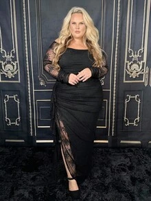 Hourglow Dollyholly86 Plus Size Women's Lace Off Shoulder Ruched Ruffle Hem Romantic Flowy Elegant Party Long Bodycon Green Dress,Graduation Dress, For Hourglass Body Shape - Black - View 7