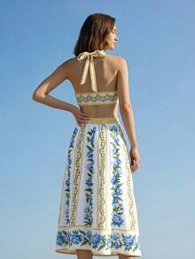 CAJUNI Bộ áo cổ lọ và chân váy midi kiểu dáng giản dị, được trang trí bằng họa tiết khu vườn Địa Trung Hải. - Nhiều màu - Xem 2