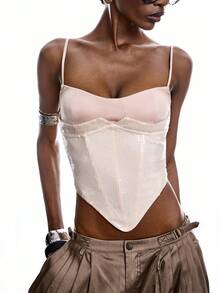 LYSMO 2026 New Arrive Minimalism Spring/Summer Sequin Patchwork Asymmetric Hem Criss-Cross Back Strap Camisole - Apricot - View 5