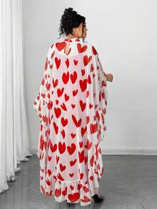 Elenzga 情人节加大码V领雪纺印花荷叶边披肩上衣+针织吊带连衣裙两件套，优雅派对装扮 - 紅色 - 查看 2