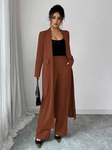 Elenzga 两件套：女士优雅翻领长袖长款外套搭配直筒裤两件套，精致优雅，适合办公室、通勤、街头风、法式浪漫、休闲、中东复古、下午茶、派对、感恩节、返校季、秋冬季等场合。 - 鏽棕色 - 查看 6