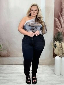 Hourglow Dollyholly86 Plus Size Casual Distressed High Waisted Slim Fit Jeans, For Hourglass Body Shape - Black - View 4