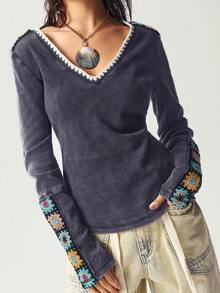 Bohemela 休闲度假纯色V领长袖修身水洗女式T恤 - 藏蓝色 - 查看 4