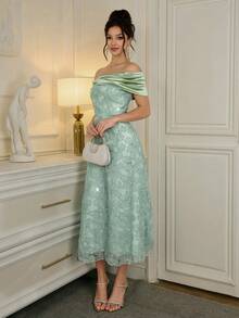 Poshira Women's Off-Shoulder Ruched Jacquard Sparkly Elegant Formal Gown